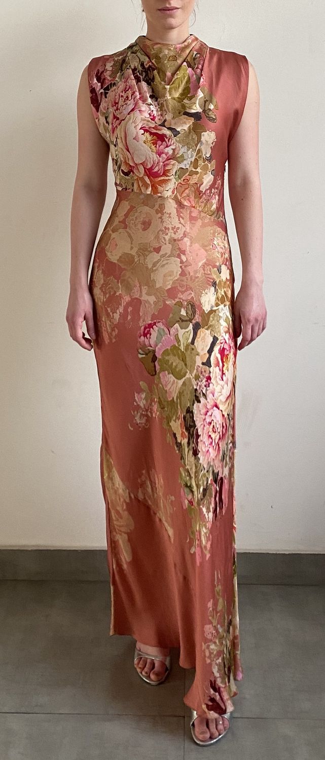 Sama Long Dress with Cowl Neck Peach Floral, Size: X-Small