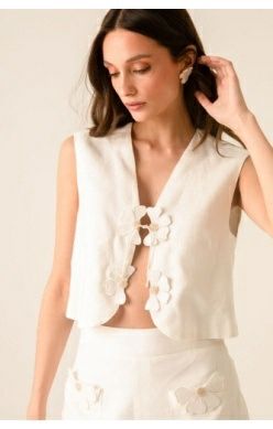 Izabel Floral Embroidered Vest Ivory, Size: X-Small