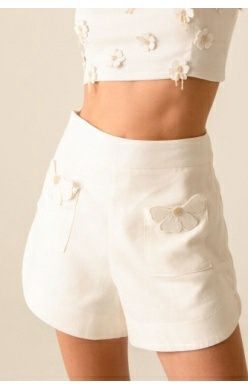 Colette Shorts Floral Embroidered Pockets Ivory, Size: X-Small