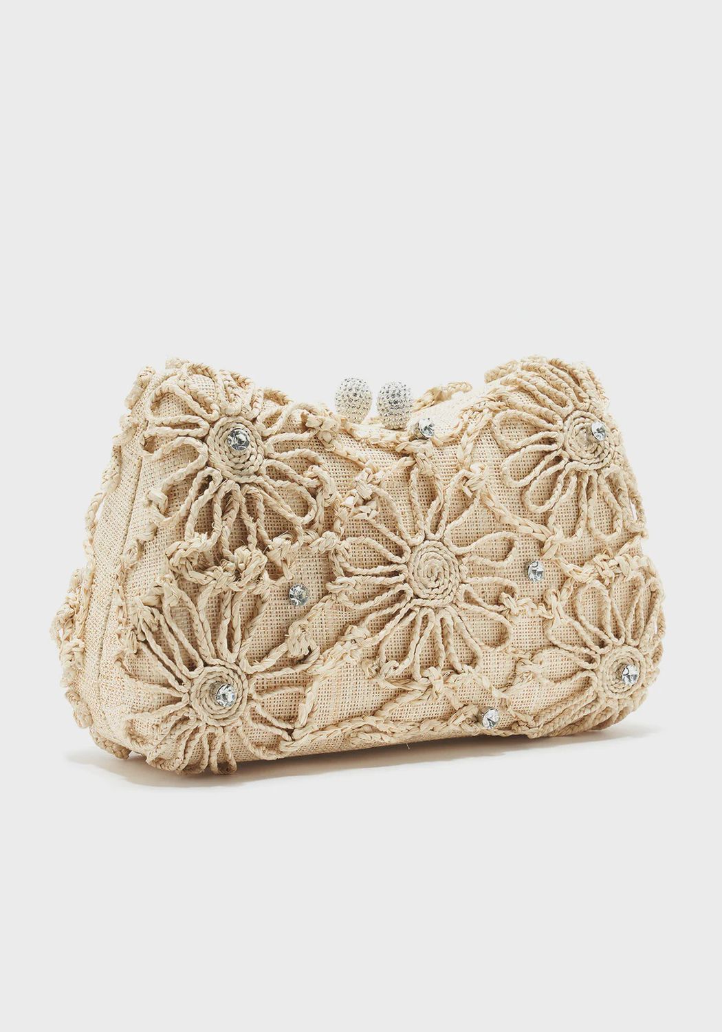 Gustavia Bag Natural Raffia Swarovski Crystal Crystal Closure Black Matte Satin Interior