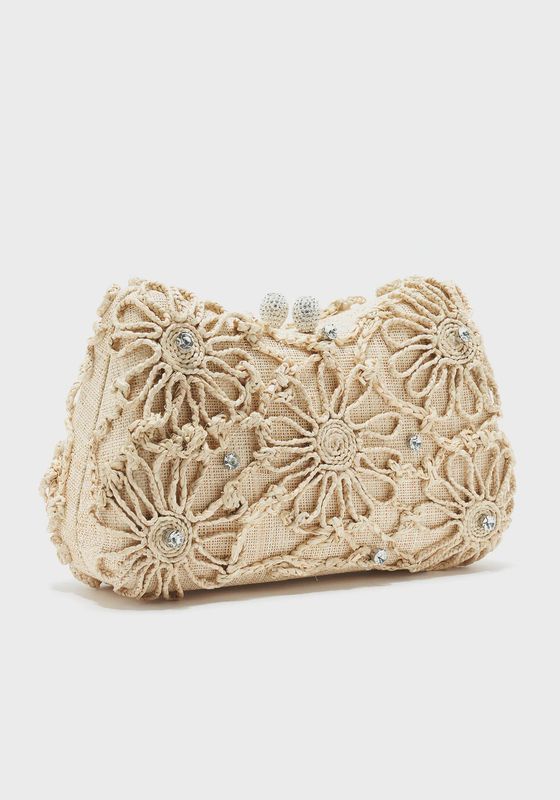 Gustavia Bag Natural Raffia Swarovski Crystal Crystal Closure Black Matte Satin Interior