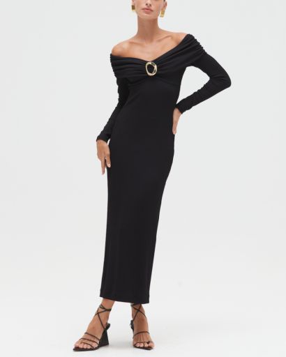 GRACE KNIT DRAPED MIDI DRESS, Colour: BLACK, Season: F25, Size: XS