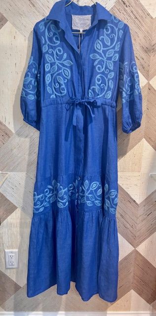 Zena Embroidered Long Dress Blue Embroidery