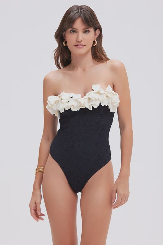 Breeze Jacquard Flower Applique One Piece Bathing Suit Black
