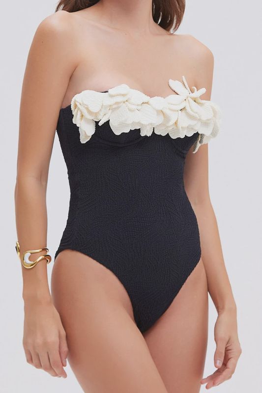 Breeze Jacquard Flower Applique One Piece Bathing Suit Black