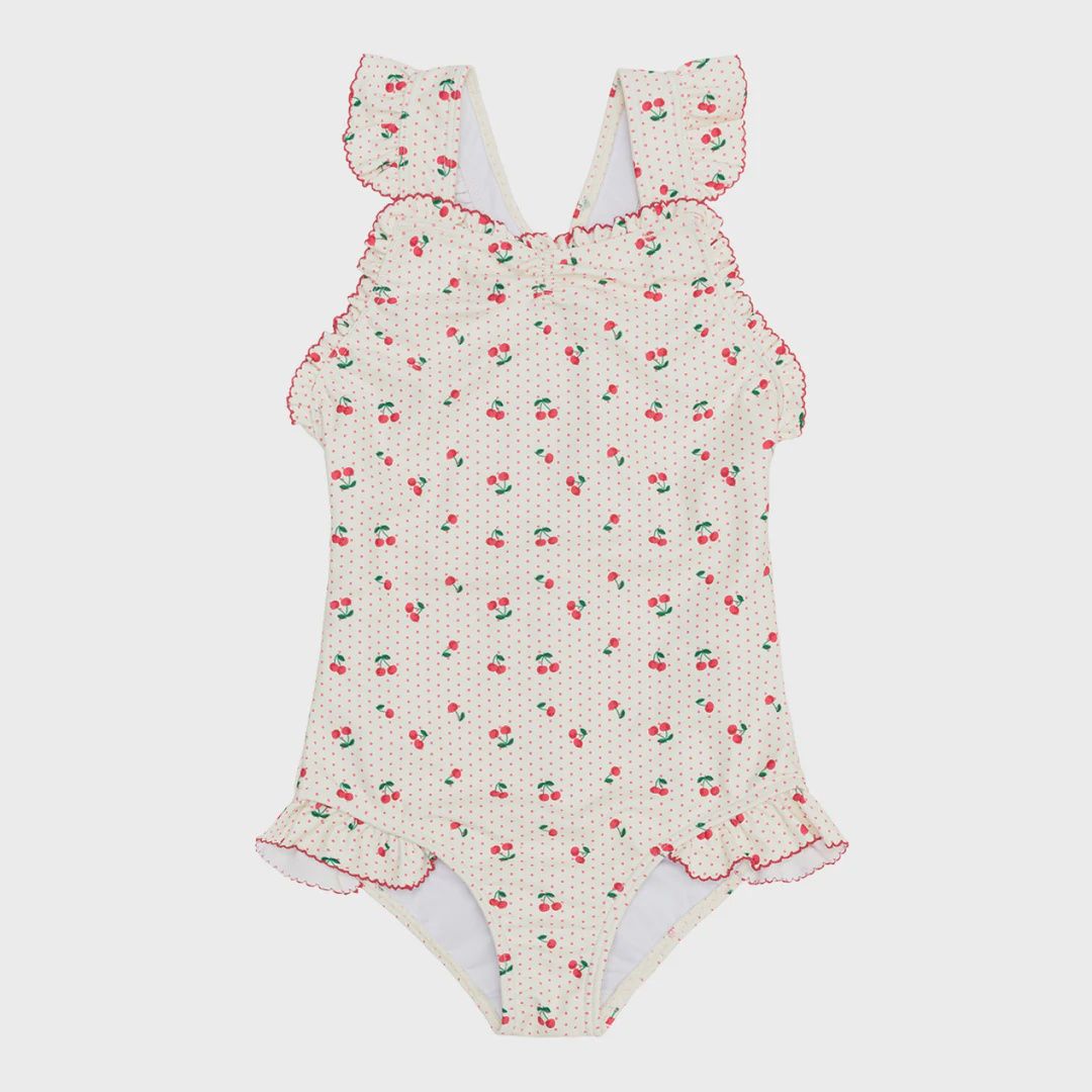 girls summer cherries ruffle edge one piece, Size: 3/4T, Colour: REZ, Season: SUMMER 25