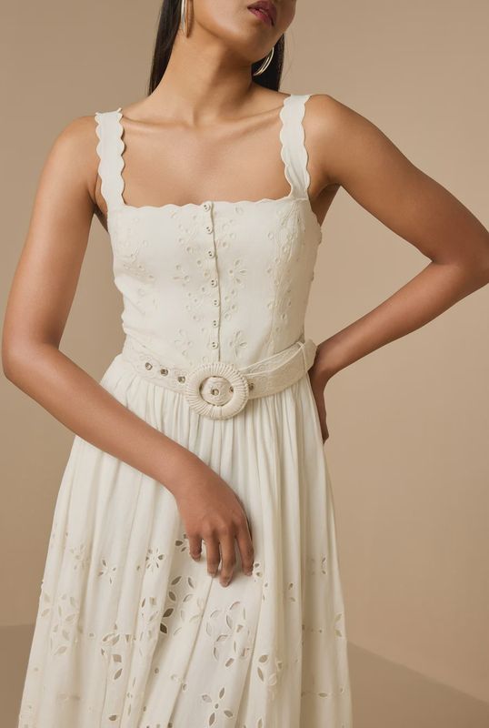 Long Dress with Buckle Belt Off White