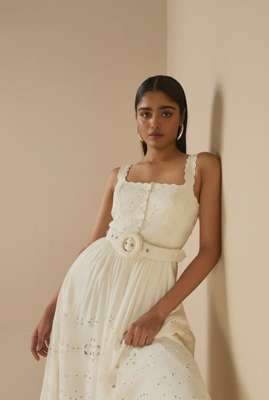 Long Dress with Buckle Belt Off White