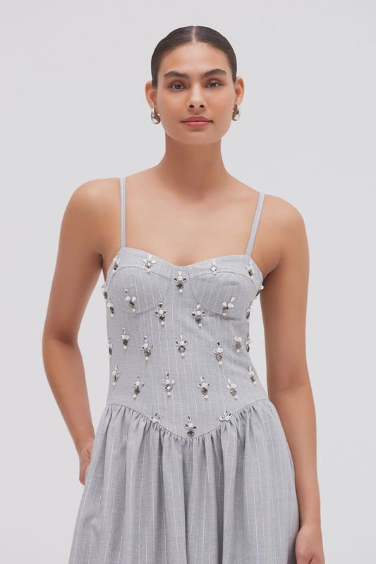 METALLIC PINSTRIPE MIDI DRESS
