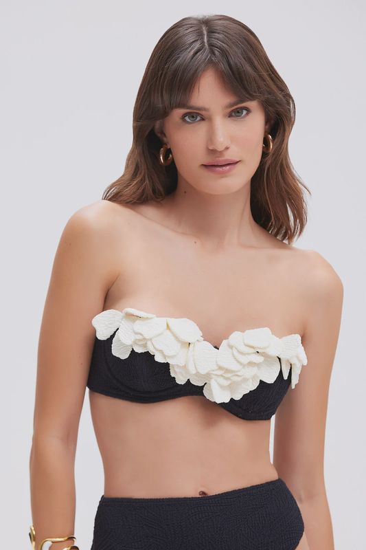BREEZE JACQUARD FLOWER APPLIQUE BIKINI TOP BLACK