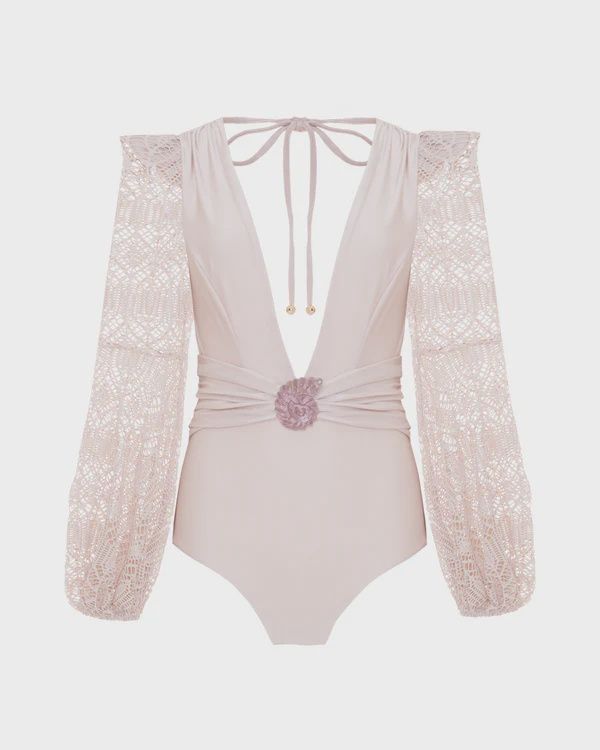 Seashell Lycra Long Sleeve Swimsuit Beige