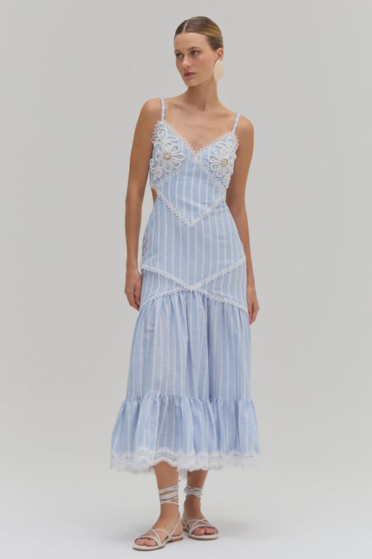 Marine Linen Cut Out Midi Dress Blue