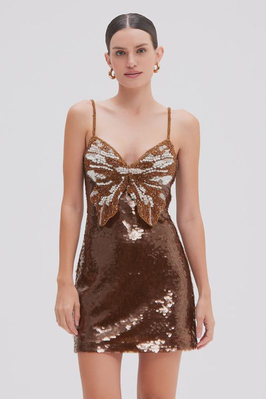 Runway Sequin Butterfly Mini Dress Brown