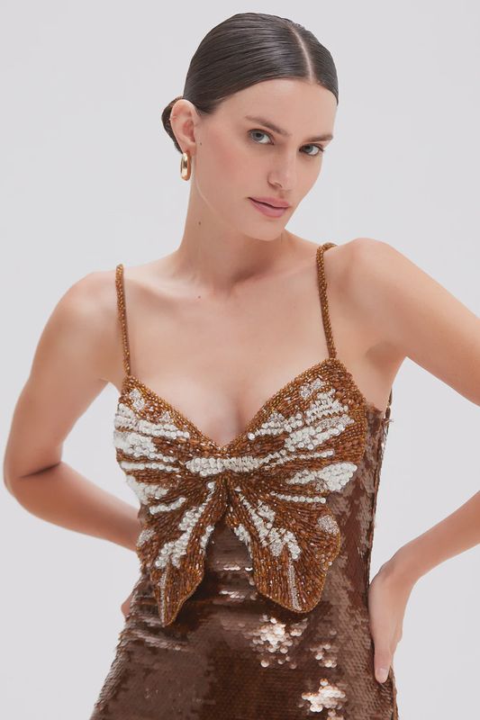 Runway Sequin Butterfly Mini Dress Brown