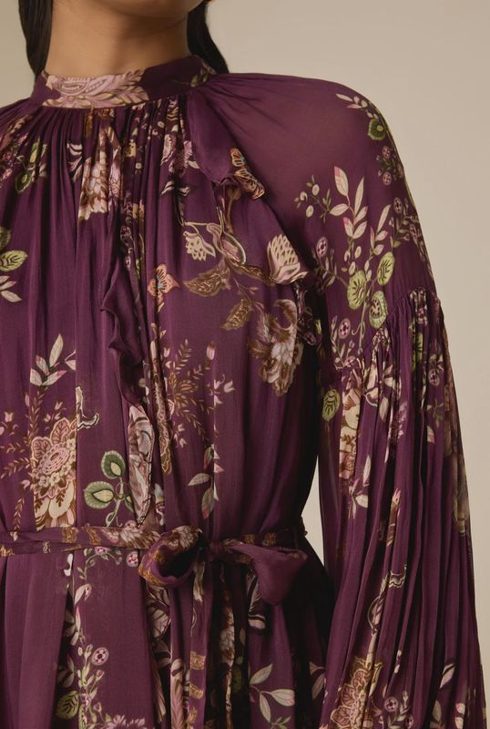 Savi Ruffle Mini Dress with Tie Up Belt Burgundy Floral
