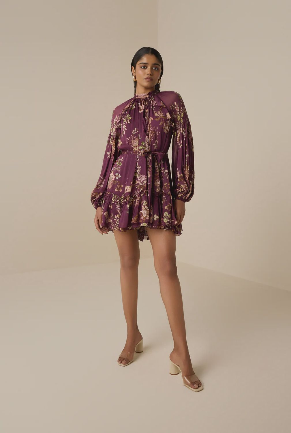 Savi Ruffle Mini Dress with Tie Up Belt Burgundy Floral