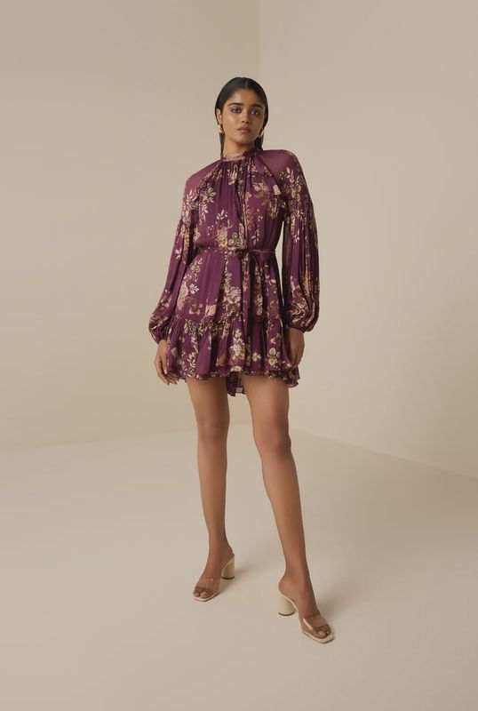 Savi Ruffle Mini Dress with Tie Up Belt Burgundy Floral