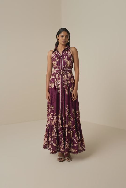 Savi Long Shirt Dress with Buckle Belt Burgundy Floral