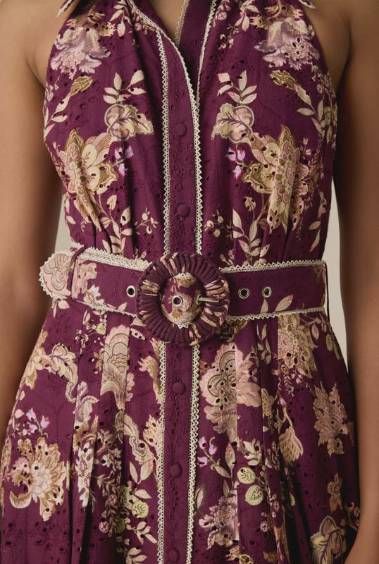 Savi Long Shirt Dress with Buckle Belt Burgundy Floral