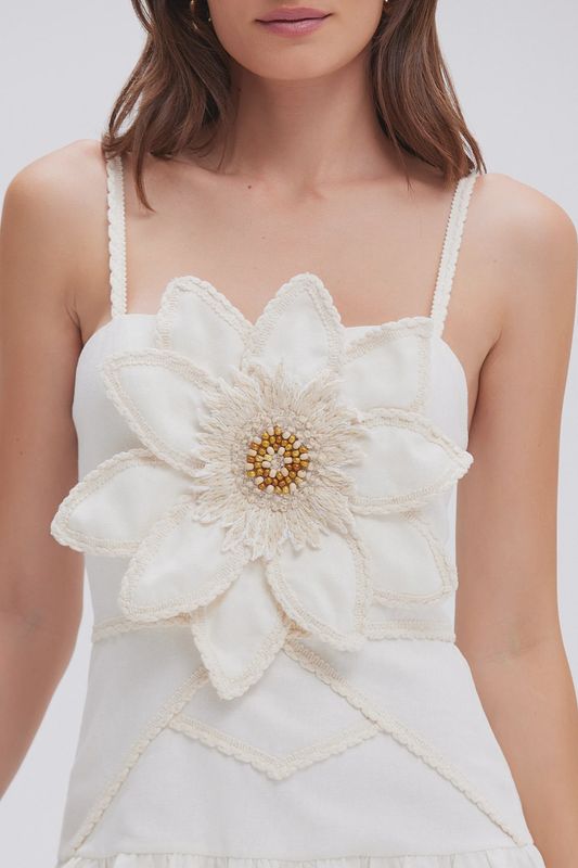 Tropic Linen Flower Mini Dress Off White