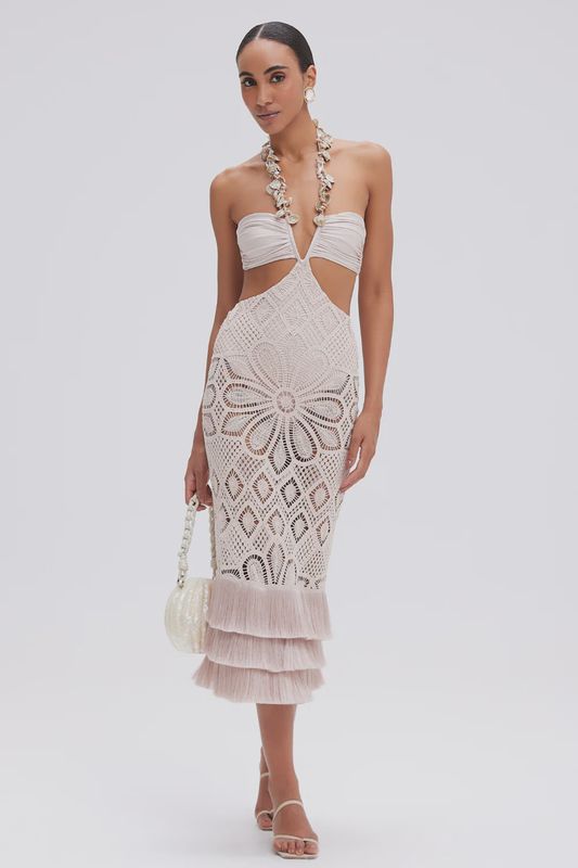 Flower Crochet Embroidered Midi Dress Beige