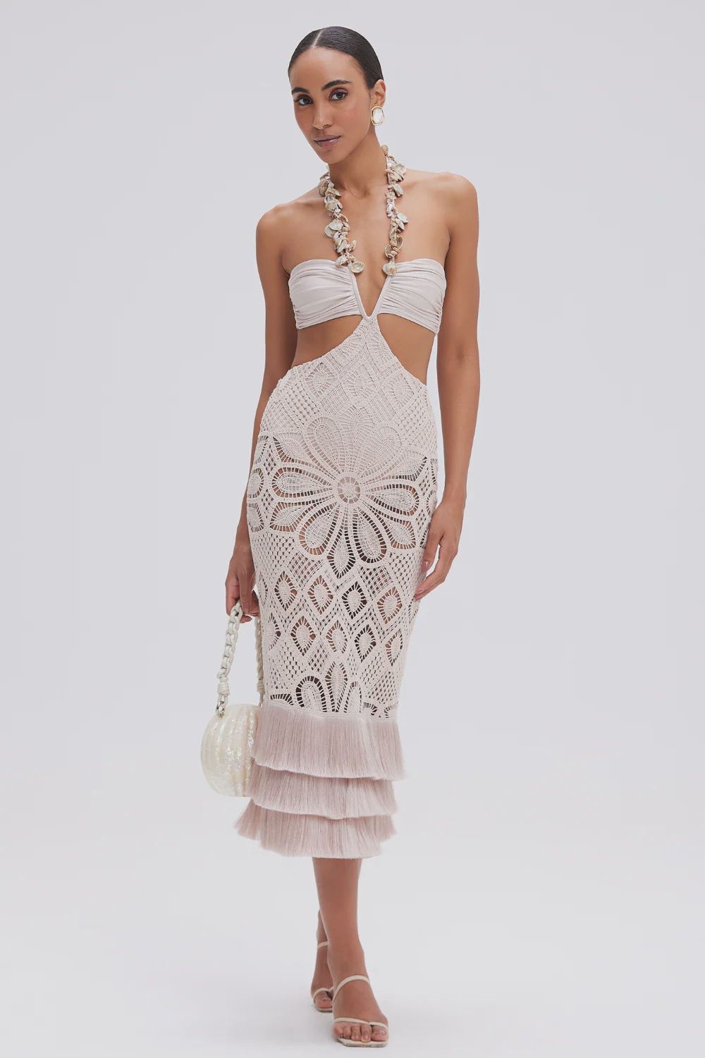 Flower Crochet Embroidered Midi Dress Beige, Size: X-Small