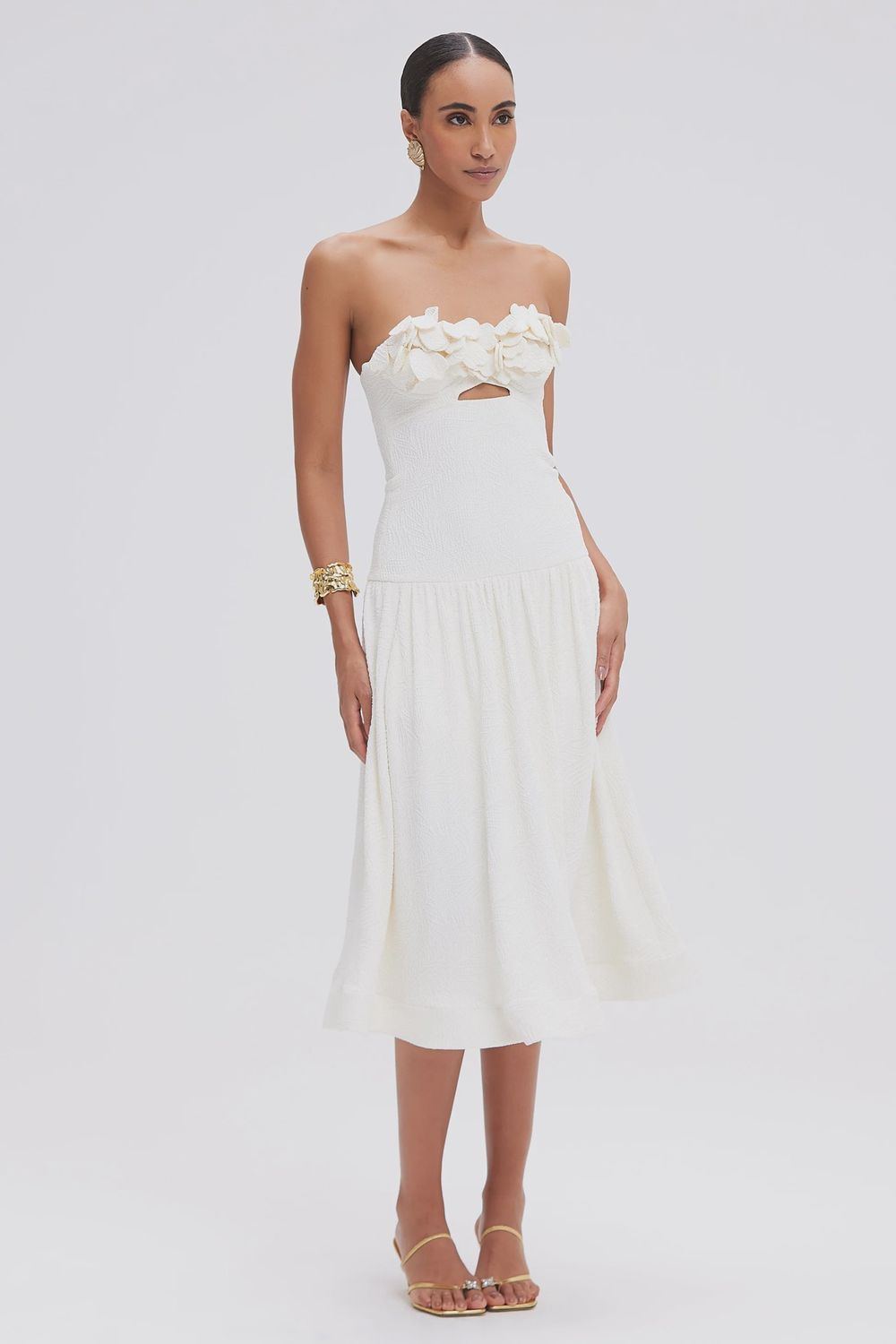 Breeze Jacquard Flower Applique Midi Dress Off White, Size: X-small