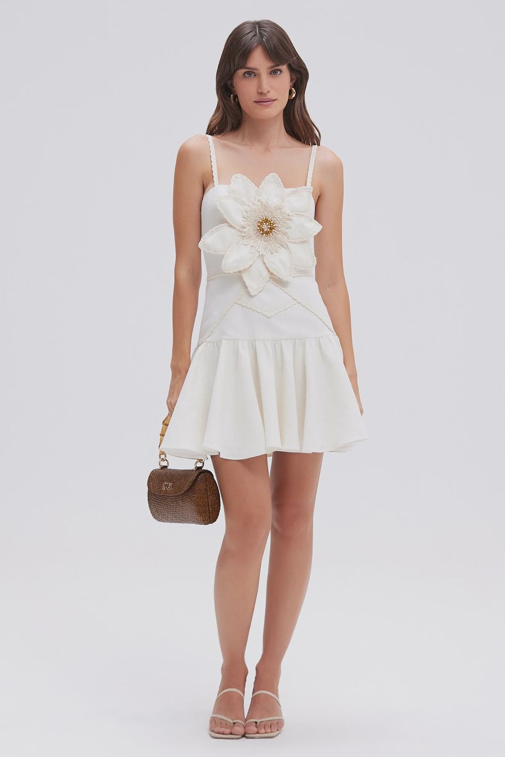 Tropic Linen Flower Mini Dress Off White, Size: 2