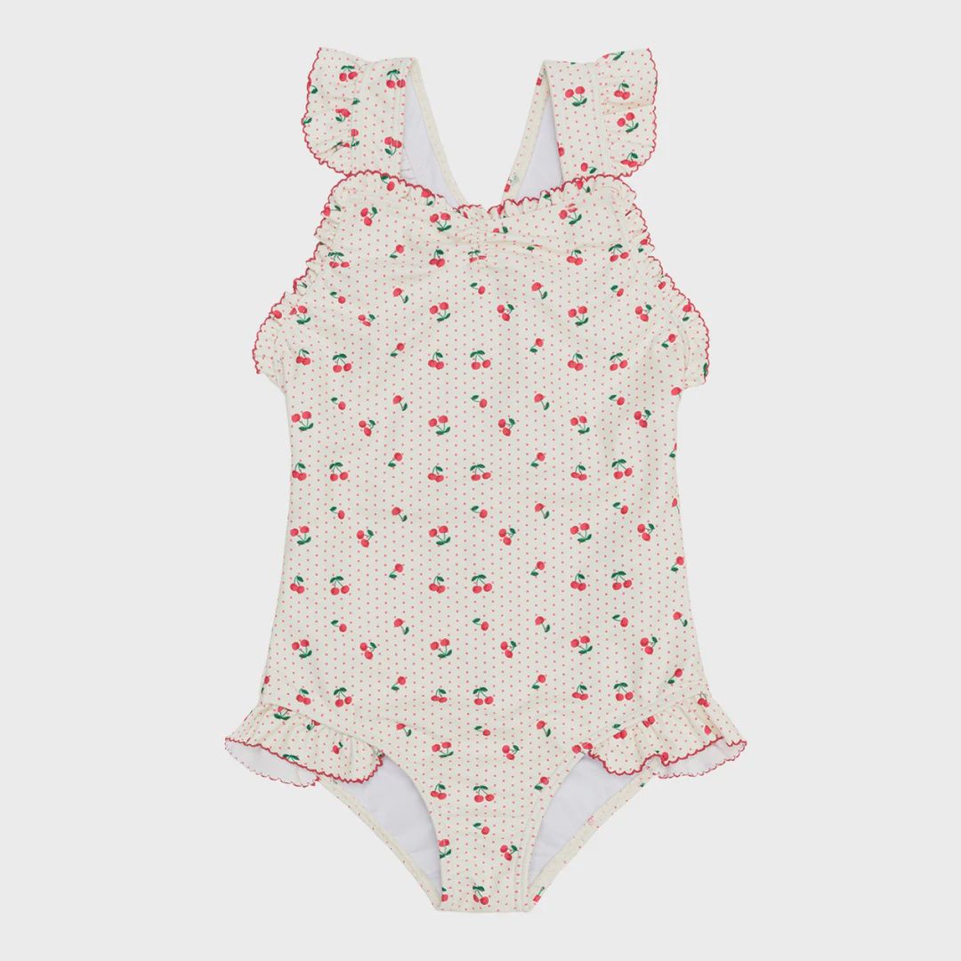 girls summer cherries ruffle edge one piece, Colour: REZ, Season: SUMMER 25, Size: 3/4T