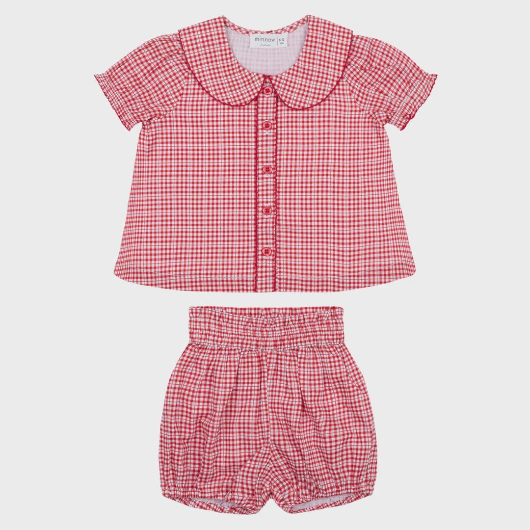 baby girls malibu gingham collared puff sleeve bloomer set, Colour: REG, Season: SUMMER 25, Size: 12/18