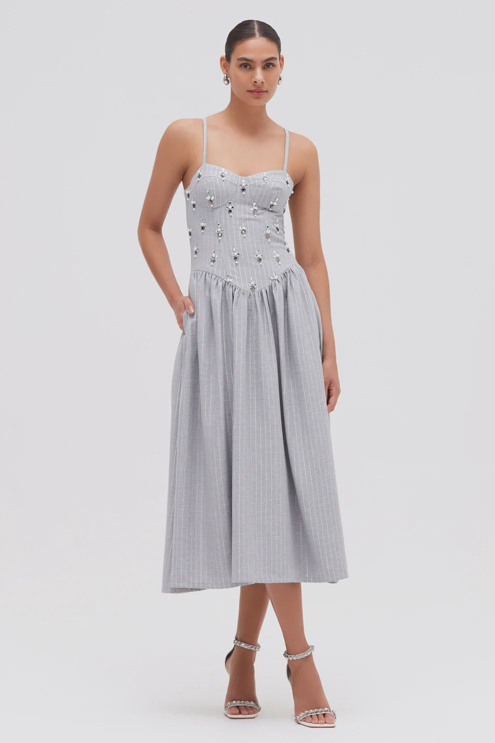 METALLIC PINSTRIPE MIDI DRESS, Colour: GREY, Season: F25, Size: 2