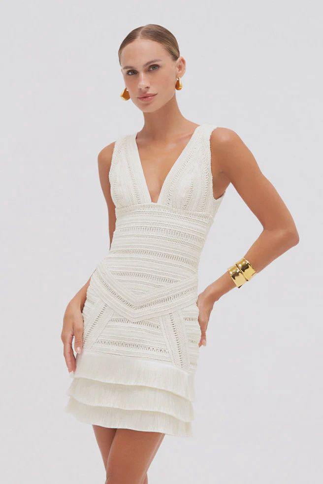 RADIANT FRINGE MINI DRESS, Colour: OFF WHITE, Season: F25, Size: 4