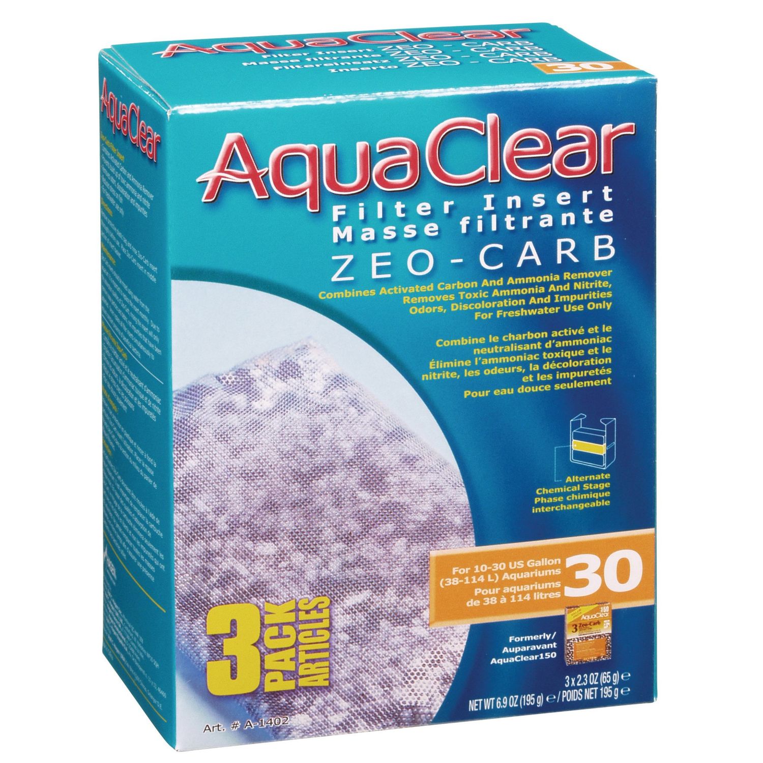 AquaClear - 30 Zeo-Carb Filter insert, 3 pack, 195 g (6.9 oz )