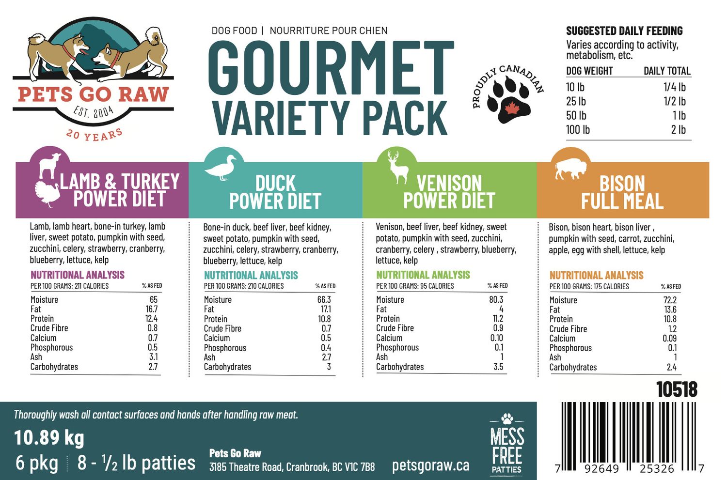 Pets Go Raw - Gourmet Variety Dog 4lb (1/2lb x 8)
