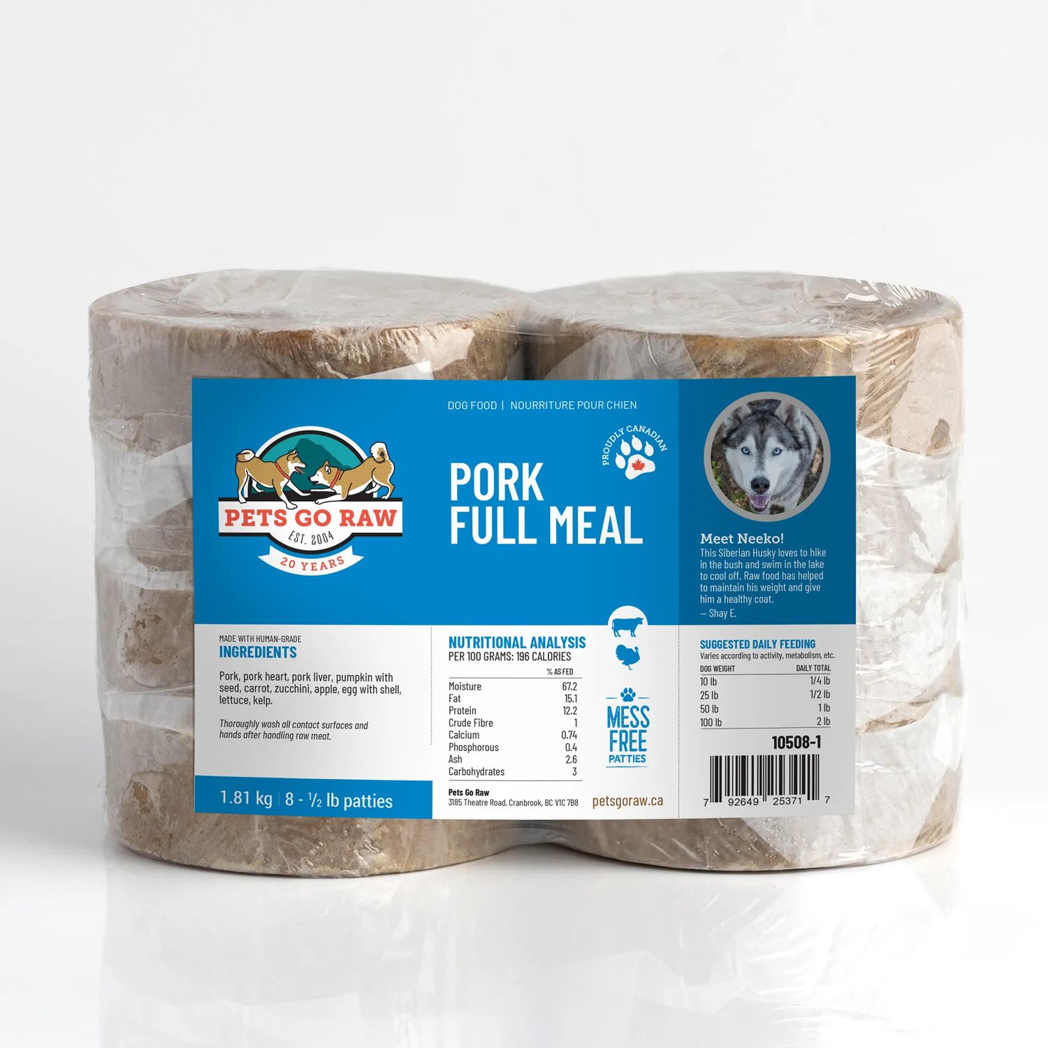 Pets Go Raw - Pork Full Meal Dog, Size: 4lb (1/2lbx8)