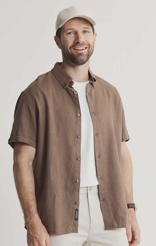 Noho Short Sleeve Linen Viscose Shirt - Brown
