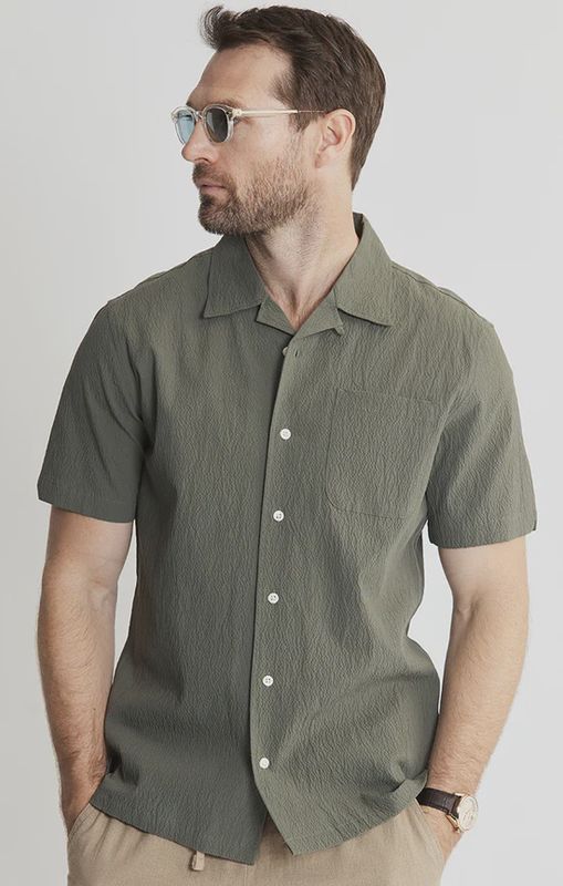 Suffolk Seersucker Camp Shirt - Olive