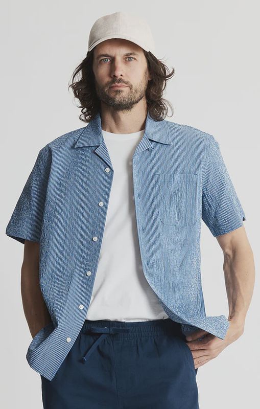 Suffolk Seersucker Camp Shirt - Blue Stripe