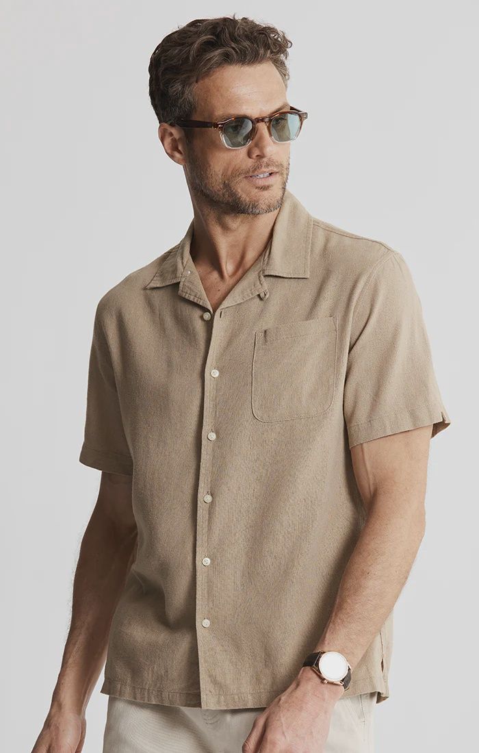 Linen Suffolk Short Sleeve Camp Shirt - Tan