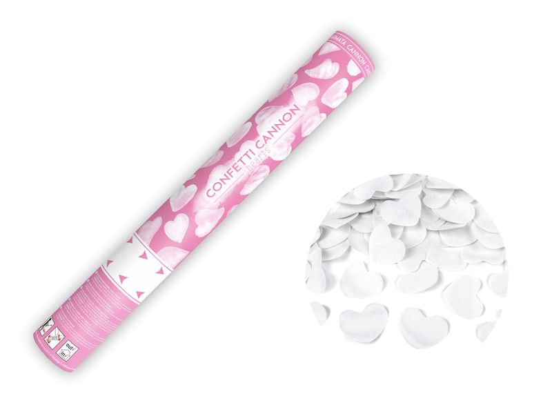 Konfettitykki, valkoiset sydämet, 40cm