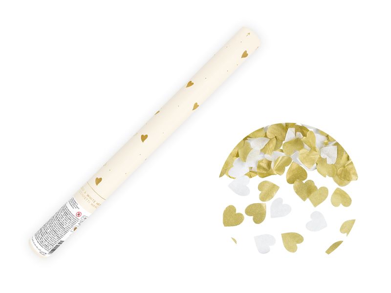 Konfettitykki sydämillä, kulta &amp; valkoinen, 35cm