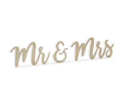 Kimalteleva koristeteksti Mr &amp; Mrs, kulta