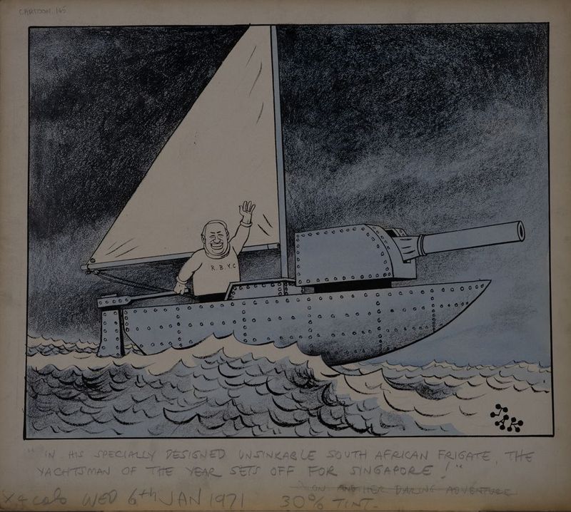 'In his specially designed unsinkable South African frigate, the yachtman of the year sets off for Singapore!'