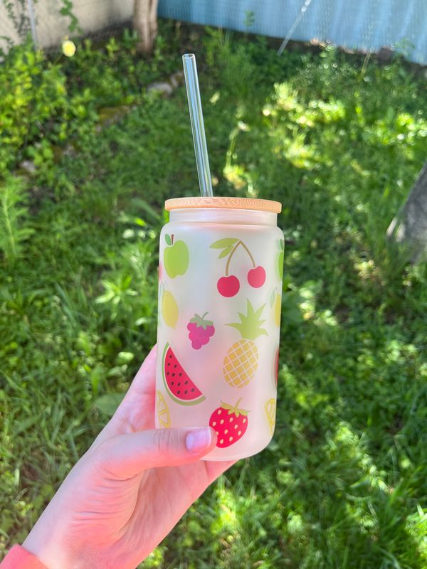 Verre fruits avec paille et couvercle en bambou