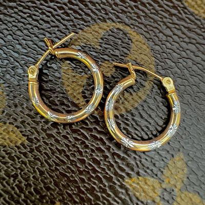 Etched Two Tone 14k Solid Yellow Gold Hoop Earrings
