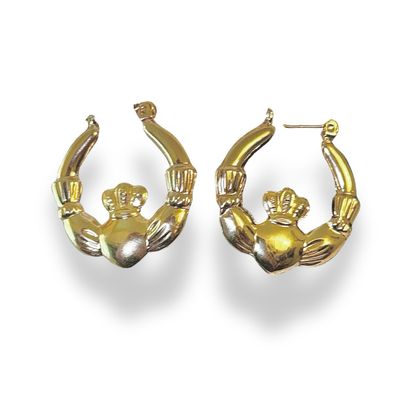14k Yellow Gold Claddagh Hoop Earrings