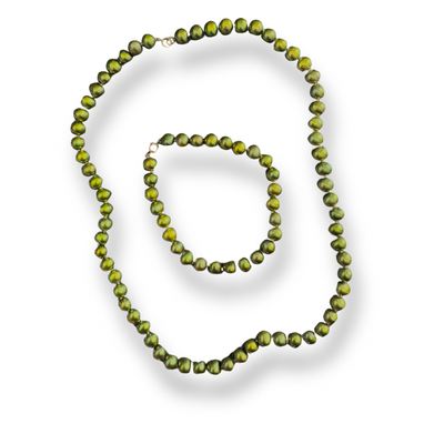 Pistachio Pearl Necklace &amp; Bracelet Set w/14k Clasps