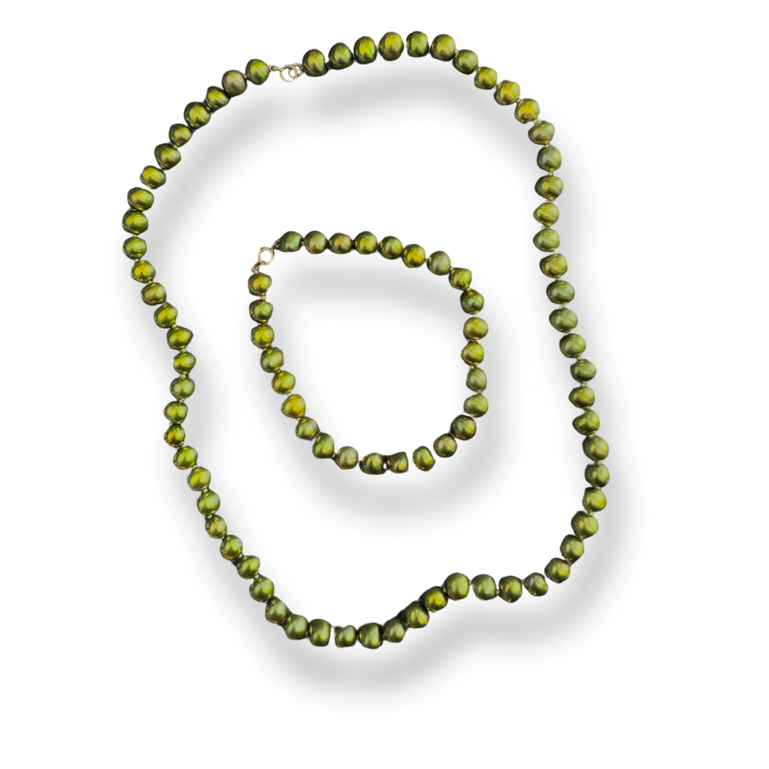 Pistachio Pearl Necklace &amp; Bracelet Set w/14k Clasps