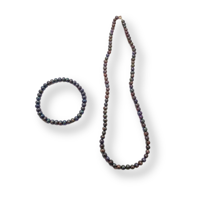 Freshwater Black Pearl Necklace w/10k Gold Clasp &amp; Bracelet Set