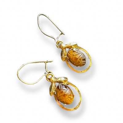 Gold Filled Tiger’s Eye Carved Scarab Earrings